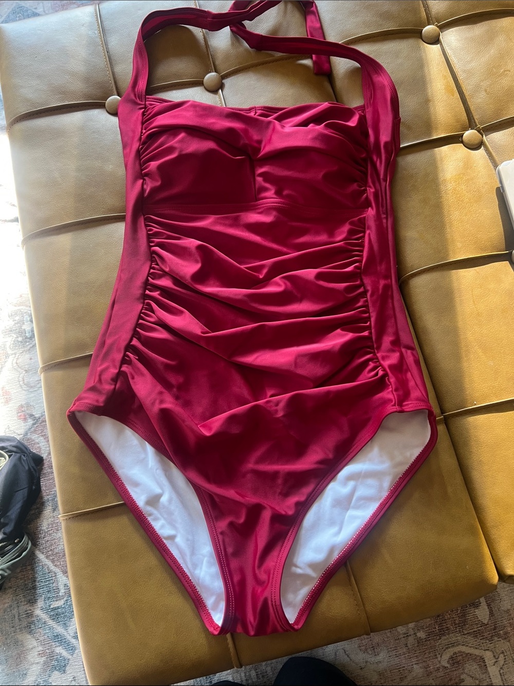 Ruching One-Piece Halter Swimsuit in Deep Berry
